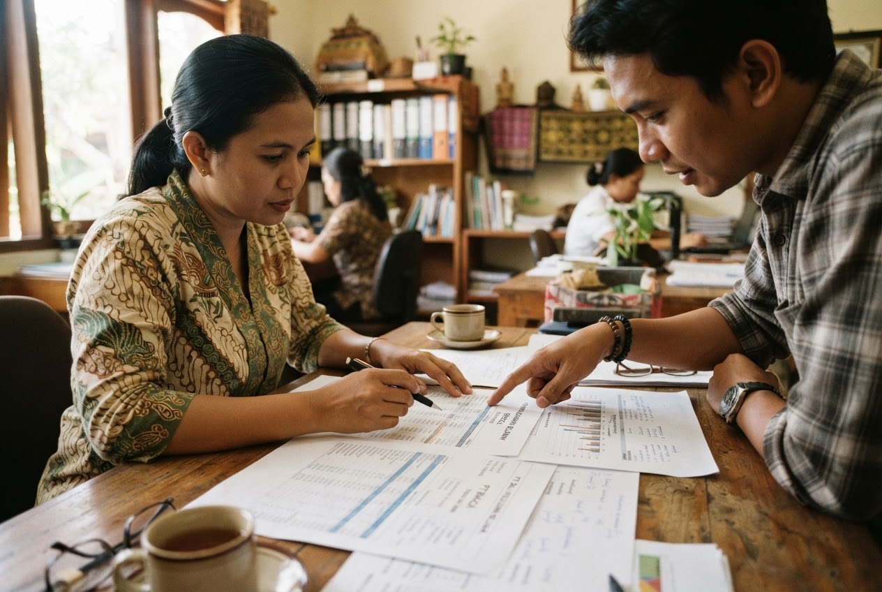 Two colleagues reviewing printed financial documents together at a wooden table